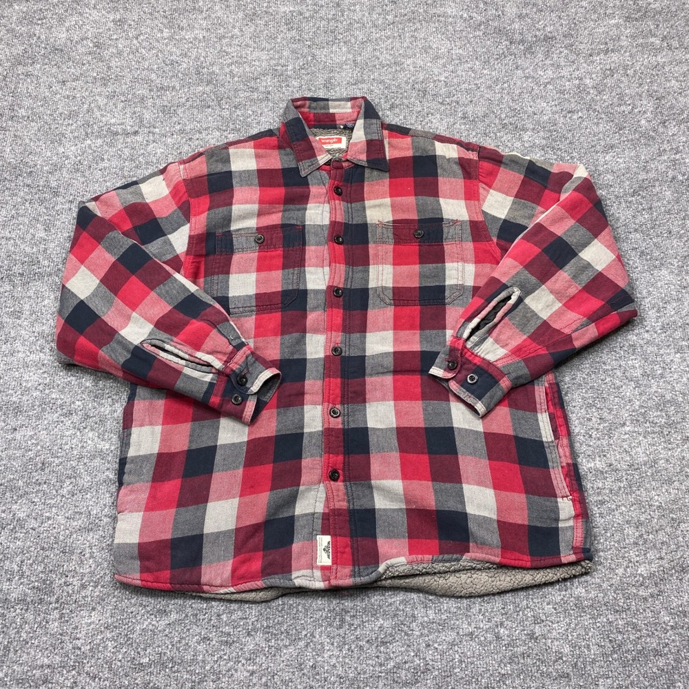 Wrangler Shirt Mens Medium Red Plaid Sherpa Lined Flannel Jacket Long Sleeve
